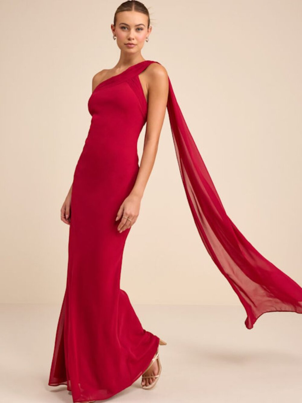 Lulus Carmenza Red One-shoulder Sash Maxi Dress - Size M